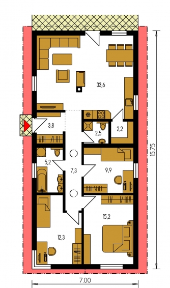 Spiegelverkehrter Entwurf | Grundriss des Erdgeschosses - BUNGALOW 184